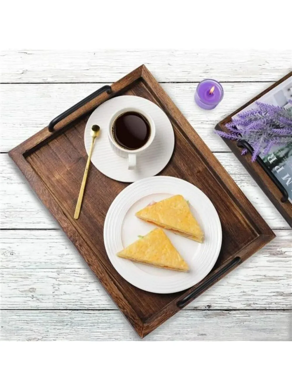 Rustic Wood Serving Trays Set of 2 with Handles Farmhouse Coffee Table Decor